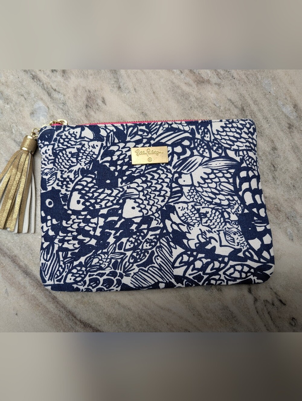 Lilly Pulitzer 20th Anniversary Navy and White Fish-Print Clutch w/ Gold Tassel